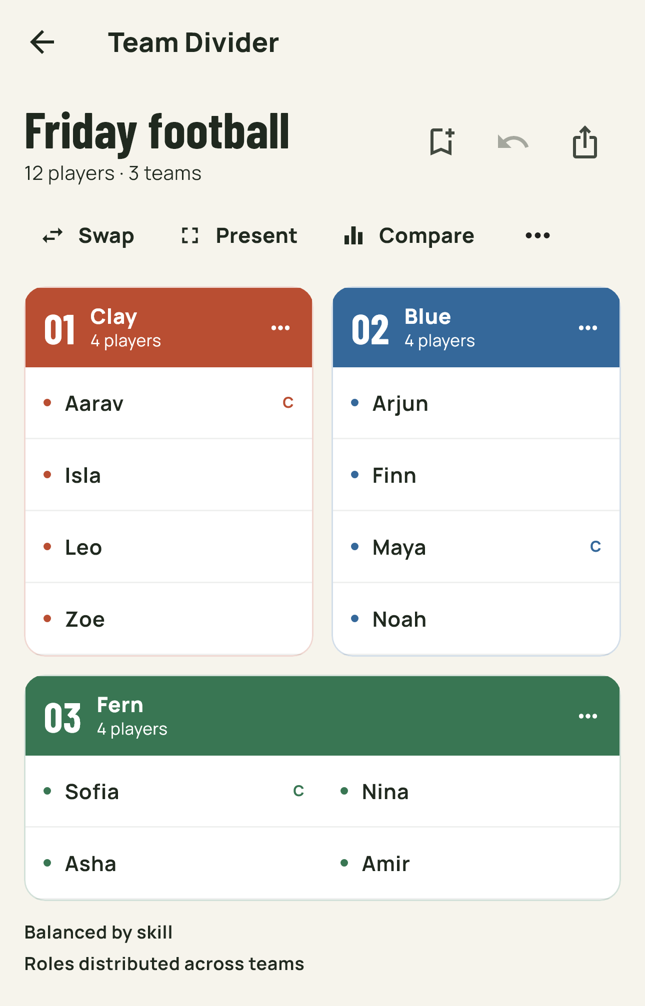 Twelve named players arranged into three teams on Team Divider's compact comparison board.